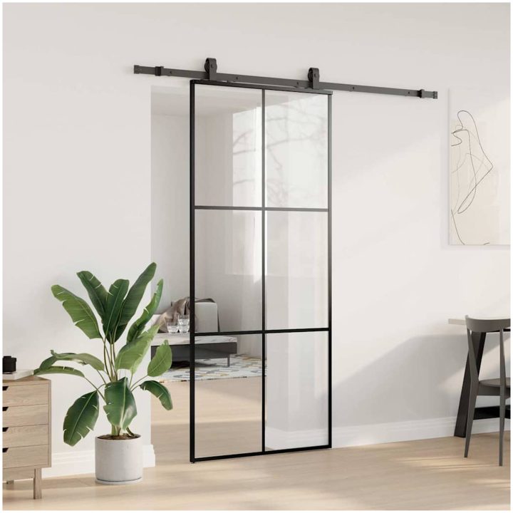 Skjutdörr med beslag svart 90x205 cm ESG-glas vidaXL 90 x 205 cm (200 cm sliding rail) – bild 3