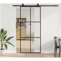 Skjutdörr med beslag svart 90x205 cm ESG-glas vidaXL