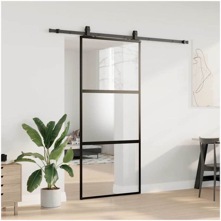 Skjutdörr med beslagssats svart 90x205 cm härdat glas vidaXL 90 x 205 cm (213 cm sliding rail) – bild 3