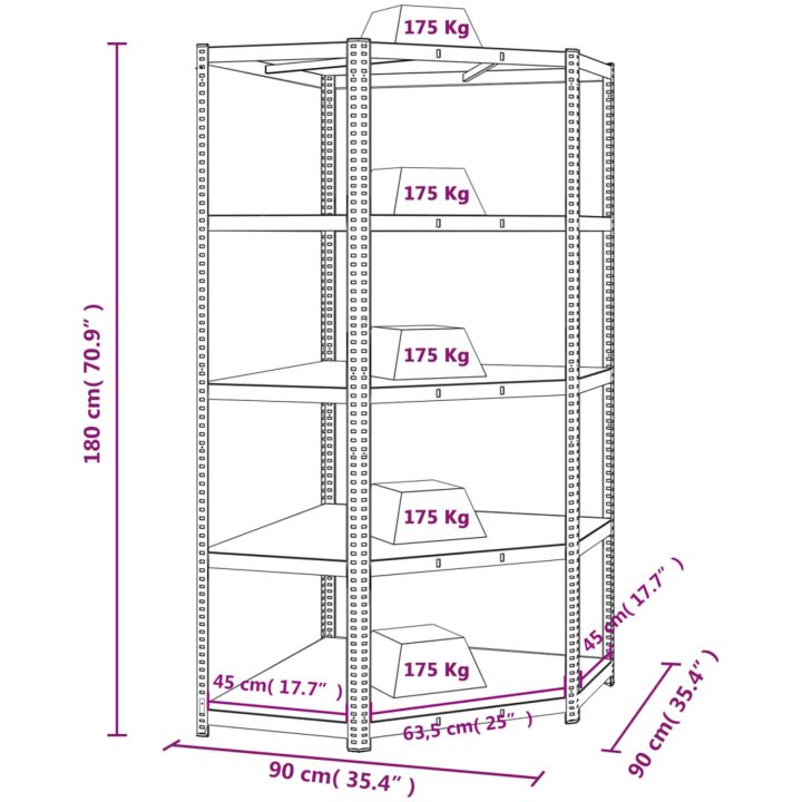 Slitstark hörnhylla grå stål och konstruerat trä 5 hyllplan vidaXL 90 x 90 x 180 cm – bild 10