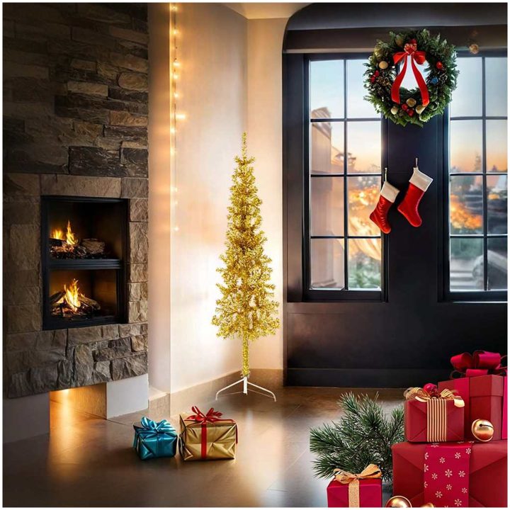 Smal halv plastgran med stativ guld 150 cm vidaXL 150 x 45 cm – bild 2