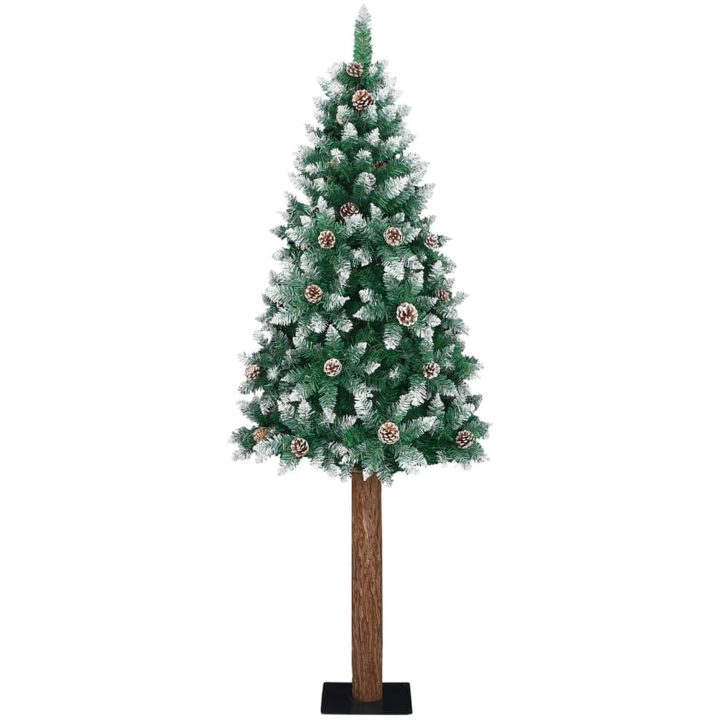 Smal plastgran med äkta trä och kottar vit snö grön 150 cm vidaXL 150 x 66 cm – bild 2