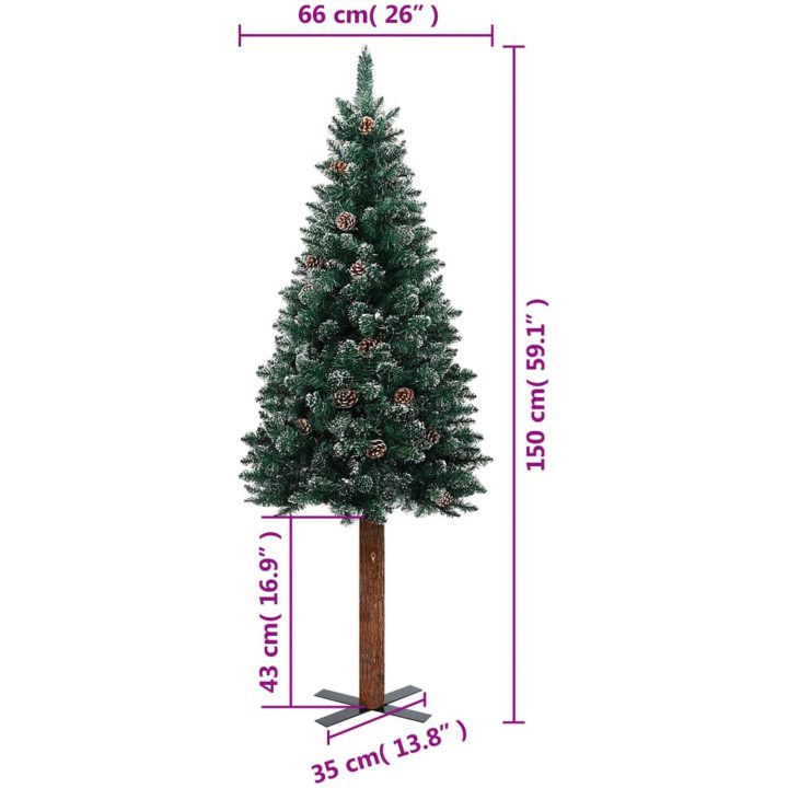 Smal plastgran med äkta trä och kottar vit snö grön 150 cm vidaXL 150 x 66 cm – bild 7
