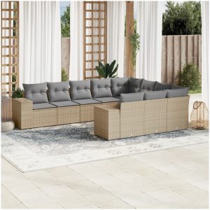 Soffgrupp för trädgård med dynor 10 delar beige konstrotting vidaXL