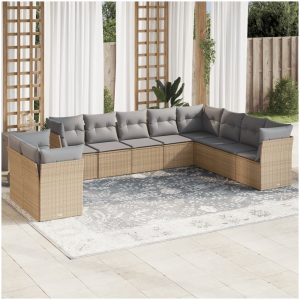 Soffgrupp för trädgård med dynor 10 delar beige konstrotting vidaXL