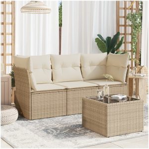 Soffgrupp för trädgård med dynor 4 delar beige konstrotting vidaXL