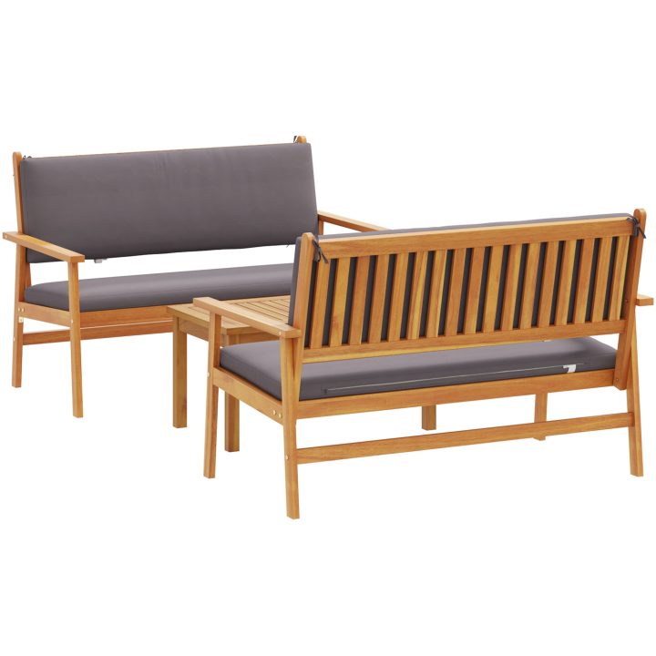 Soffgrupp för trädgård set 3 delar med dynor massivt akaciaträ vidaXL Soffbord: 75x45x38 cm, bänk: 120x64x76 cm – bild 2