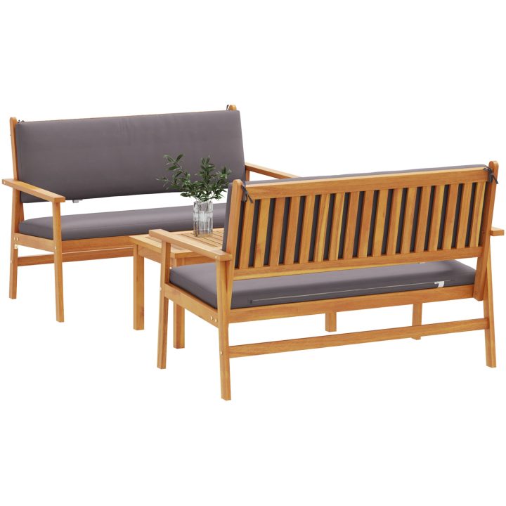 Soffgrupp för trädgård set 3 delar med dynor massivt akaciaträ vidaXL Soffbord: 75x45x38 cm, bänk: 120x64x76 cm – bild 3