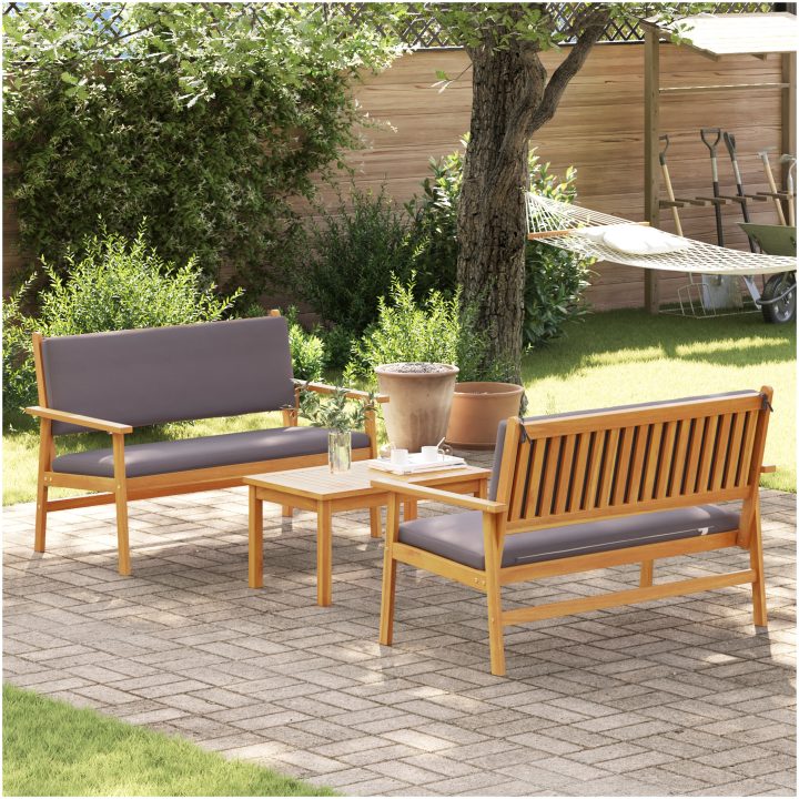 Soffgrupp för trädgård set 3 delar med dynor massivt akaciaträ vidaXL Soffbord: 75x45x38 cm, bänk: 120x64x76 cm – bild 4