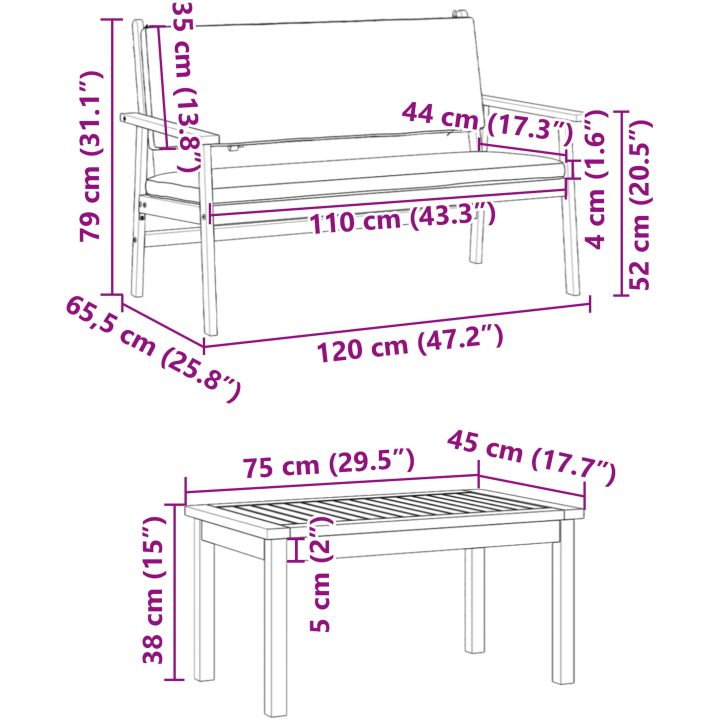 Soffgrupp för trädgård set 3 delar med dynor massivt akaciaträ vidaXL Soffbord: 75x45x38 cm, bänk: 120x64x76 cm – bild 10