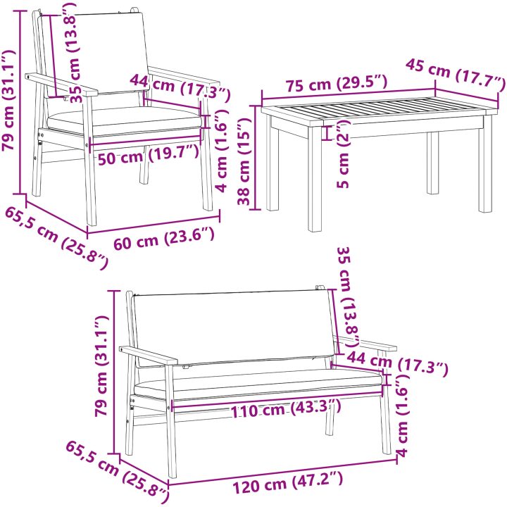 Soffgrupp för trädgård set 4 delar med dynor massivt akaciaträ vidaXL Soffbord, 75x45x38 cm – bild 11