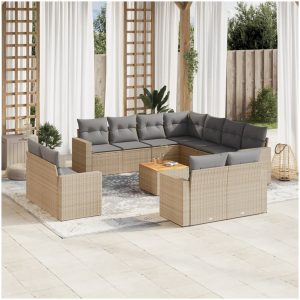Soffgrupp för trädgården 12 delar med dynor beige konstrotting vidaXL