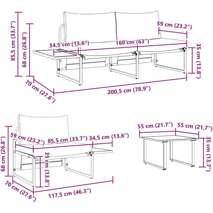 Soffgrupp för trädgården 3 delar med antracit dynor vidaXL Trädgårdsoffa, 200.5x70x68 cm, armstol utan armar – bild 12
