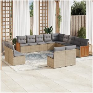 Soffgrupp för trädgården med dynor 13 delar beige konstrotting vidaXL