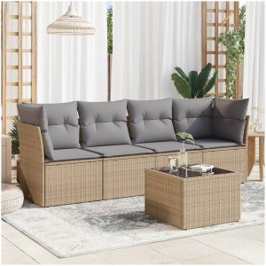 Soffgrupp för trädgården med dynor 5 delar beige konstrotting vidaXL
