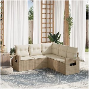 Soffgrupp för trädgården med dynor 5 delar beige konstrotting vidaXL
