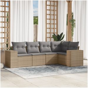Soffgrupp för trädgården med dynor 5 delar beige konstrotting vidaXL