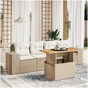 Soffgrupp för trädgården med dynor 5 delar beige konstrotting vidaXL