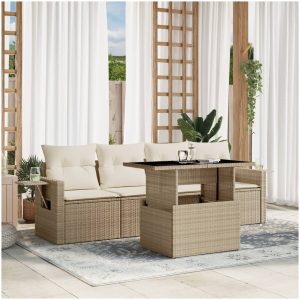 Soffgrupp för trädgården med dynor 5 delar beige konstrotting vidaXL