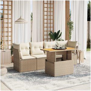 Soffgrupp för trädgården med dynor 5 delar beige konstrotting vidaXL