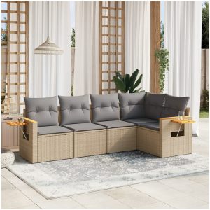 Soffgrupp för trädgården med dynor 5 delar beige konstrotting vidaXL
