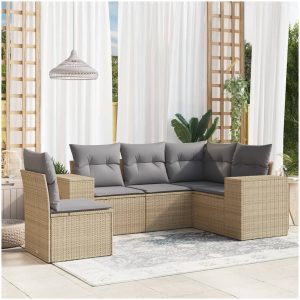 Soffgrupp för trädgården med dynor 5 delar beige konstrotting vidaXL
