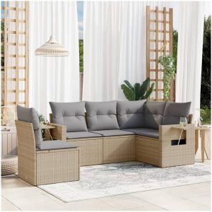 Soffgrupp för trädgården med dynor 5 delar beige konstrotting vidaXL