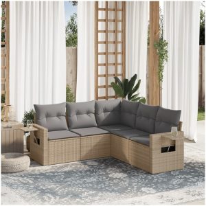 Soffgrupp för trädgården med dynor 5 delar beige konstrotting vidaXL