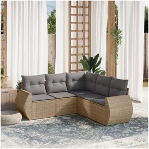 Soffgrupp för trädgården med dynor 5 delar beige konstrotting vidaXL