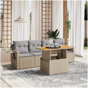 Soffgrupp för trädgården med dynor 5 delar beige konstrotting vidaXL