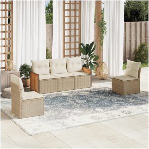 Soffgrupp för trädgården med dynor 5 delar beige konstrotting vidaXL