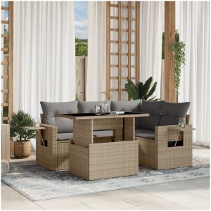 Soffgrupp för trädgården med dynor 5 delar beige konstrotting vidaXL