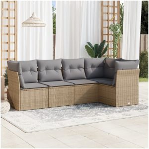 Soffgrupp för trädgården med dynor 5 delar beige konstrotting vidaXL