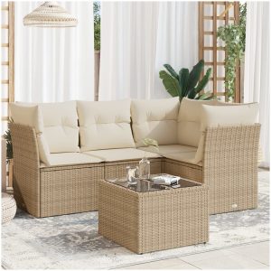 Soffgrupp för trädgården med dynor 5 delar beige konstrotting vidaXL