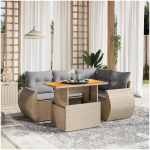 Soffgrupp för trädgården med dynor 5 delar beige konstrotting vidaXL