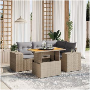 Soffgrupp för trädgården med dynor 5 delar beige konstrotting vidaXL