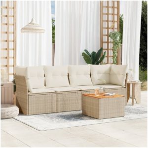 Soffgrupp för trädgården med dynor 5 delar beige konstrotting vidaXL