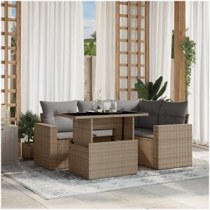 Soffgrupp för trädgården med dynor 5 delar beige konstrotting vidaXL
