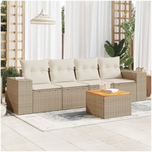Soffgrupp för trädgården med dynor 5 delar beige konstrotting vidaXL