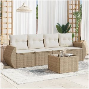 Soffgrupp för trädgården med dynor 5 delar beige konstrotting vidaXL