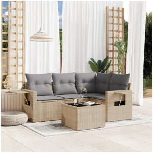 Soffgrupp för trädgården med dynor 5 delar beige konstrotting vidaXL