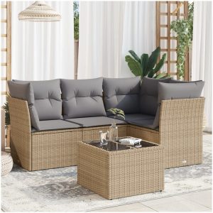 Soffgrupp för trädgården med dynor 5 delar beige konstrotting vidaXL