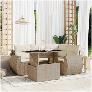 Soffgrupp för trädgården med dynor 5 delar beige konstrotting vidaXL
