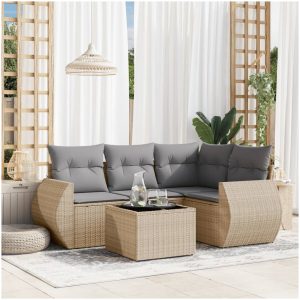 Soffgrupp för trädgården med dynor 5 delar beige konstrotting vidaXL