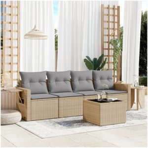 Soffgrupp för trädgården med dynor 5 delar beige konstrotting vidaXL