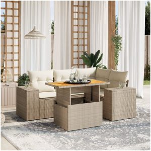 Soffgrupp för trädgården med dynor 5 delar beige konstrotting vidaXL