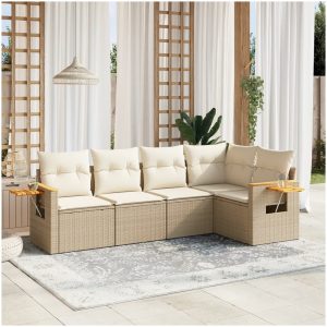 Soffgrupp för trädgården med dynor 5 delar beige konstrotting vidaXL