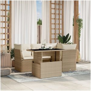 Soffgrupp för trädgården med dynor 5 delar beige konstrotting vidaXL