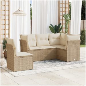 Soffgrupp för trädgården med dynor 5 delar beige konstrotting vidaXL
