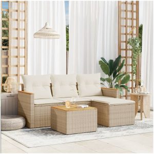 Soffgrupp för trädgården med dynor 5 delar beige konstrotting vidaXL